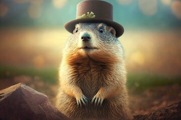Groundhog in a hat on Groundhog Day in the forest. AI generated - obrazy, fototapety, plakaty
