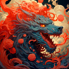 A red dragon in a cloud of fire and smoke. Generative AI