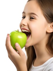 happy Child with ideal teeth eating green apple. Little Handsome girl with Health food. advertising of dentistry and healthy lifestyle