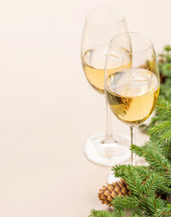 Xmas fir tree branch, champagne and space