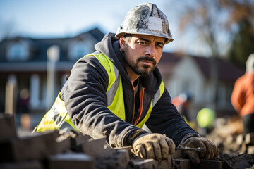 ouvrier du BTP avec son casque en train de travailler sur un chantier de construction