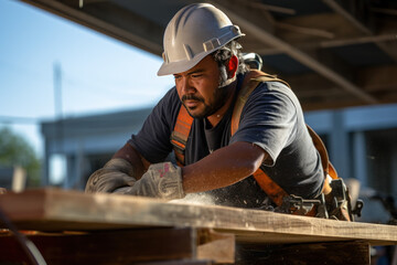 ouvrier du BTP avec son casque en train de travailler sur un chantier de construction - obrazy, fototapety, plakaty