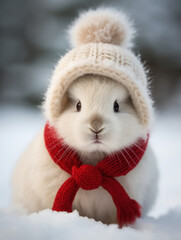 mignon petit lapin avec un bonnet de laine en hiver dans la neige - obrazy, fototapety, plakaty