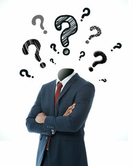 Businessman standing without head with drawing question marks.