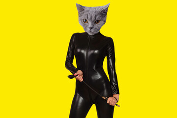 Contemporary art collage. Beautiful dominant woman in latex and cat head posing with riding crop on pink background