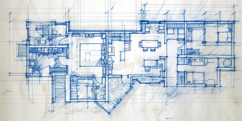 Generative AI, Blue print floor plan, architectural background, technical draw	
 - obrazy, fototapety, plakaty