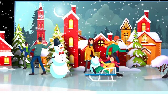Transition Screen of 3D Rendered Houses With Christmas Trees And Snowmen Unfold Where People Are Celebrating, Skating, Riding Sledge.