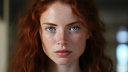 Naklejka premium portrait of beautiful redhead woman with freckles