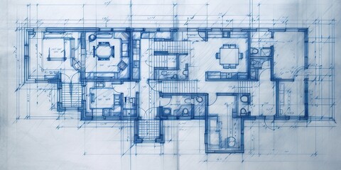 Generative AI, Blue print floor plan, architectural background, technical draw	
 - obrazy, fototapety, plakaty