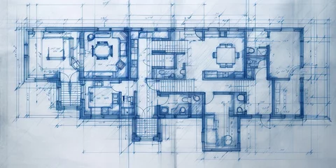 Foto op Plexiglas Generative AI, Blue print floor plan, architectural background, technical draw   © DELstudio