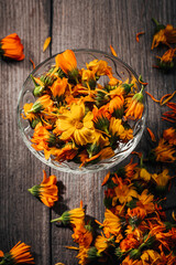 Calendula petals on the table. phytotherapy. - 675249222