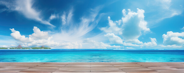 wooden pier on tropical summer beach. Blue sky holiday banner. copy spce for text