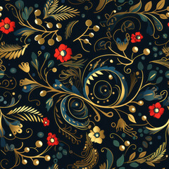 Fototapeta premium Floral seamless pattern, colors: red, green, gold on a dark background