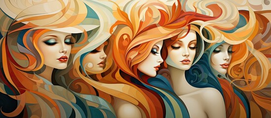 Kobieta z wzorami i kolorowymi falami w rozpuszczonych włosach.  - obrazy, fototapety, plakaty