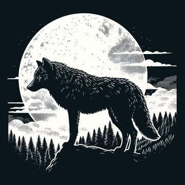 Black alpha male lone wolf with full moon silhouette. Wild animal at night graphic design illustration. Line art style wolves vector set
