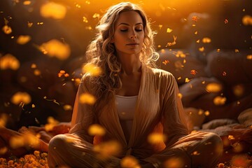 Kobieta medytująca w płatkach żółtych kwiatów. 