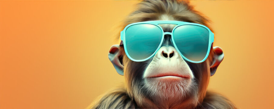Fancy ape or gorilla with sunglasses,  printable design for t-shirts. Fanny ape copy space for text. banner