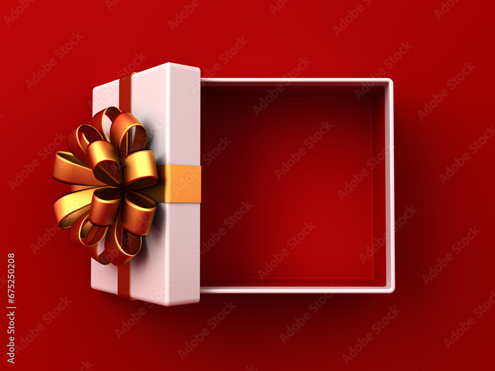 Poster blank gold ribbon bow gift box open or top view of white present box tied with golden bow isolated o