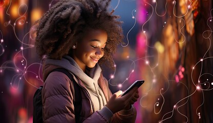 Dziewczynka z Afro telefonem na ulicy miasta nocą  - obrazy, fototapety, plakaty