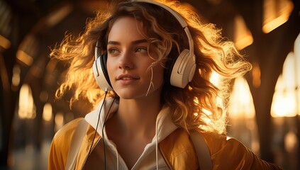 Piękna blondynka biegnie przez jesienny park słuchając muzyki w słuchawkach  - obrazy, fototapety, plakaty