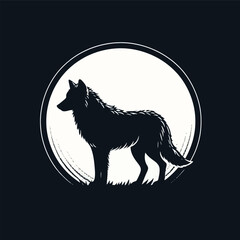 Black alpha male lone wolf with full moon silhouette. Wild animal at night graphic design illustration. Line art style wolves vector set