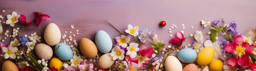 Easter purple banner with spring flowers and colourful eggs.