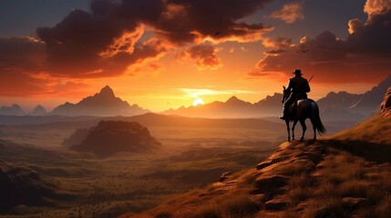 Fototapeta na wymiar cowboy on a horse in the field rides against the background of the sunset. breathtaking landscape wallpaper