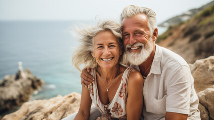 beautiful elderly couple hugging and smiling on vacation. Valentine's Day. copy space