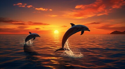 Dolphins are jumping at sunset. Sea landscape at sunset.