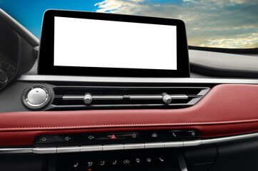 Monitor in car with isolated blank screen use for navigation maps and GPS. With clipping path. Car detailing. Car display with blank screen. Modern car red leather interior details.