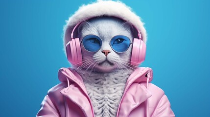 fantasy character with cat head in sunglasses and headphones wearing white jacket listening to music against pink and blue background 