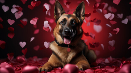 Obraz premium dog portrait for Valentine's Day. beautiful german shepherd, cinematic light, hearts. copy space