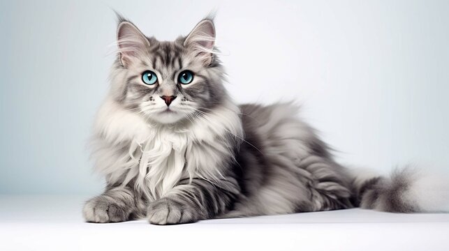 Funny large longhair gray tabby cute kitten with beautiful blue eyes. Pets and lifestyle concept. Lovely fluffy cat on white background.