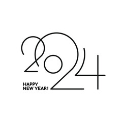 Happy New Year 2024 logo text design. Vector modern geometric minimalistic text, black numbers. Isolated on white background. Concept design. Thin linear inscription. Flat black outline vector icon.