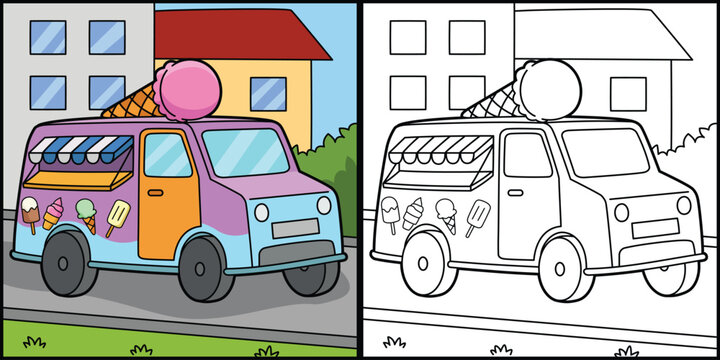 Ice Cream Truck Coloring Page Colored Illustration