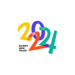 Happy New Year 2024 logo text design. Logotype of the year. Vector modern minimalistic text with colorful numbers. Conceptual cheerful youth bright explosive design. Emblem for card print social media