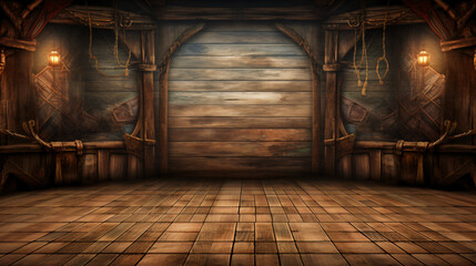Empty pirate ship deck background for theater stage - obrazy, fototapety, plakaty