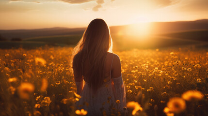 young woman in a field of flowers at sunset