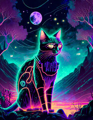 outline of cat drawn with neon light , at night; graphic design concept