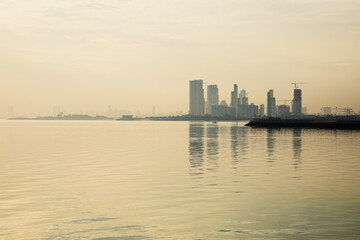 Kuwaits coastline and skyline. Panorama of Kuwait City in the Persian Gulf. The capital of Kuwait. Middle East.