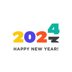 Happy New Year 2024 logo text design. Transition from 2023. Logotype of the year. Vector modern minimalistic text with colorful numbers. Emblem for card print social media