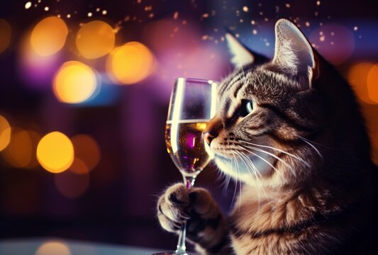 a festive cat drinking champagne from a glass in front of lights in new year celebration, light and color effects, elegant, emotive faces