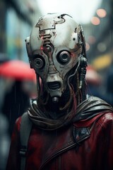 A lifelike robot head with human-like features, dressed in a red jacket, depicted in a rainy scene