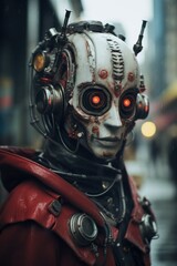 Close-up of a highly detailed robot head featuring glowing red eyes and visible wires