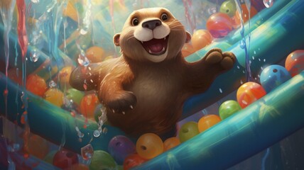 a cheerful otter sliding down a water slide surrounded by New Year balloons, its playful antics reflecting the carefree spirit of celebration for 2024.