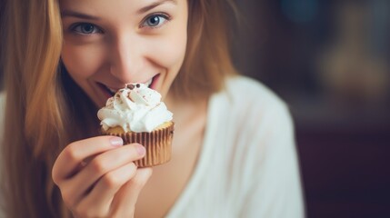 Young beautiful woman eating a cake with cream closeup