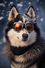 Siberian husky with stylish shades and snow-covered fur, looking at the camera with anticipation