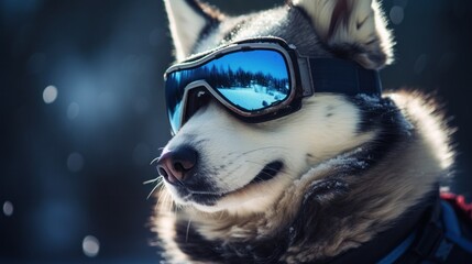 Mesmerizing close-up of a siberian husky with snow goggles reflecting a winter landscape, depicting a readiness for adventure