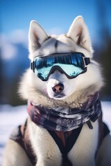 Calm siberian husky in a winter setting, goggles reflecting the clear blue sky, embodying tranquility and the spirit of winter