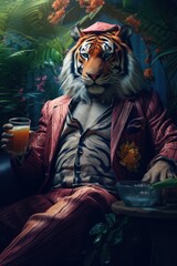 Fototapeta na wymiar Amidst a canvas of rich hues, a suave man gazes upon his reflection in the tiger-striped glass, embodying the fierce grace of a wild mammal in a civilized world